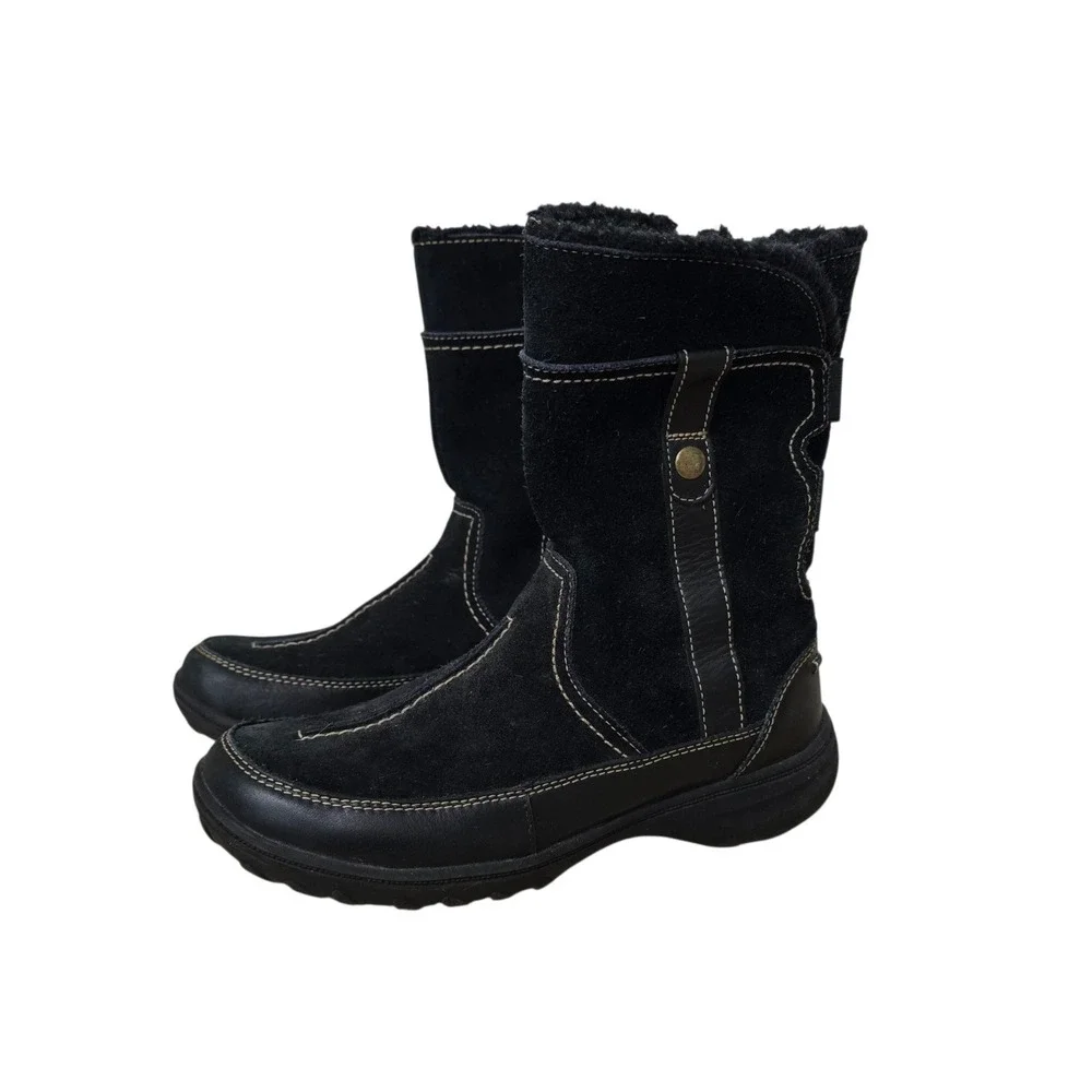 Clarks Womens Black Suede Mid Calf Winter Boots Faux Fur Lined Size 6.5M 63058